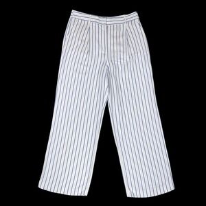 LOFT Pants Women 12 (34x31) White Blue Wide Leg Straight Stripe Linen Blend NWT